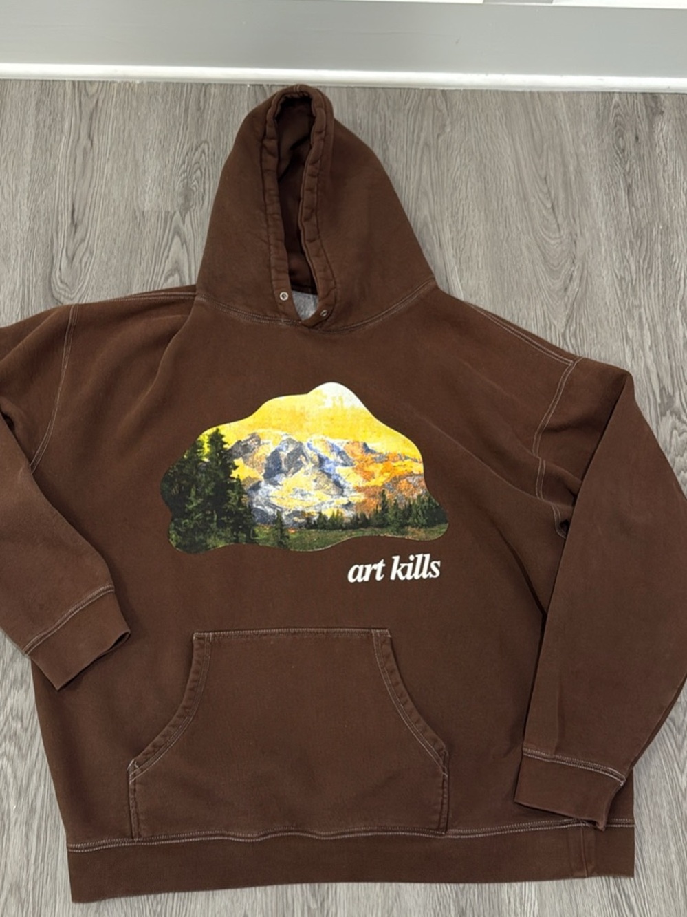 Brown Graphic Mountain Hoodie with 'art kills' Text